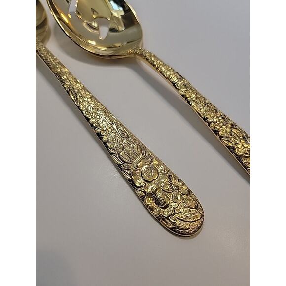 VINERS OF SHEFFIELD VS12 Gold Electroplate Pierced Serving Spoons Set Of 2 - Picture 3 of 8